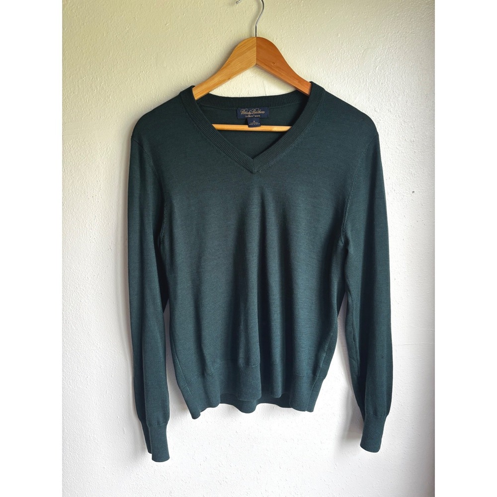 Brooks Brothers Saxon Wool Sweater Mens Small Forest Green Fine Knit Flawed